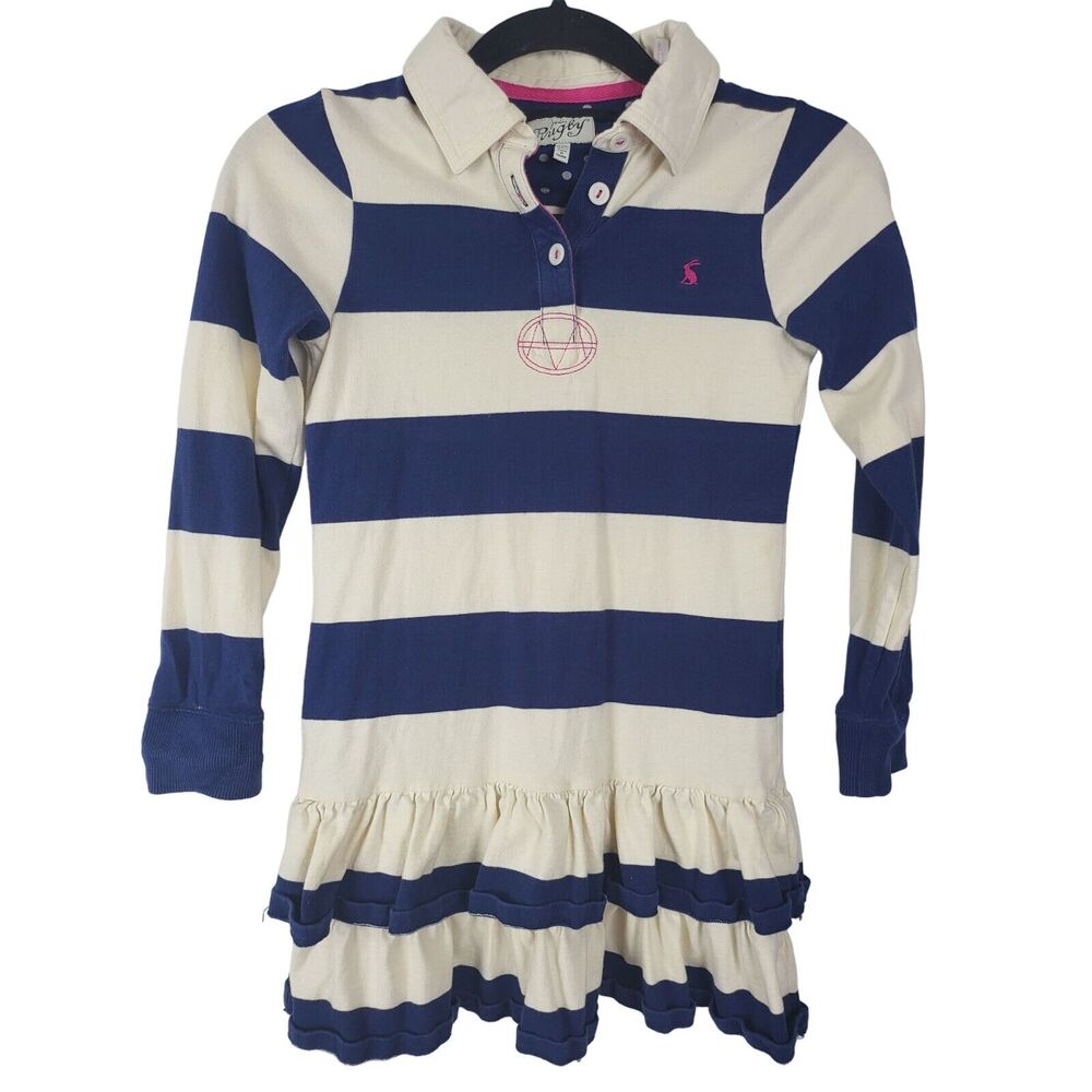 Joules Rugby Ruffle Dress Girls‎ 9-10 Years Navy Cream Striped Long Sleeve Kids
